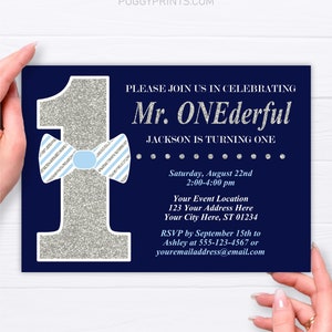 Mr. ONEderful Birthday Invitation, Editable Mr. ONEderful Invitation Template, Navy and Silver, Boy First Birthday, Little Man, Printable