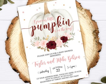 Invitación de baby shower de calabaza, plantilla de invitación de calabaza editable, invitación de calabaza blanca floral imprimible, baby shower de otoño y otoño