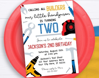 May include: A birthday invitation for a two-year-old boy with a construction theme. The invitation features a blue and yellow number two, a red hard hat, and various tools like a hammer, screwdriver, and pliers. The text reads "Calling all builders, our little handyman is turning two. Join us to celebrate Jackson's 2nd birthday. Saturday, August 15th at 2:00 pm. Jackson's Tool Shed, 123 Your Address Here, Your City Here, ST 01234. Please reply to Mom, 555-123-4567."