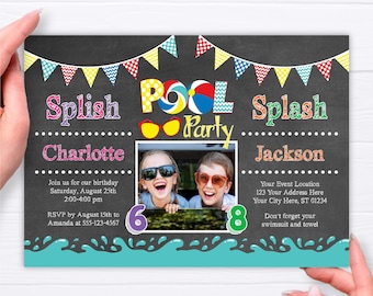 Pool Party Birthday Invitation with Photo for a Joint Birthday | Editable Template Online | Instant Download