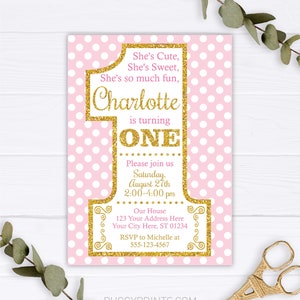 Pink and Gold First Birthday Invitation, Editable 1st Birthday Invitation Template, Printable Girl Birthday Party invitations, Polka Dots image 1