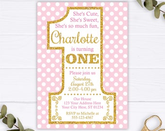 Pink and Gold First Birthday Invitation, Editable 1st Birthday Invitation Template, Printable Girl Birthday Party invitations, Polka Dots