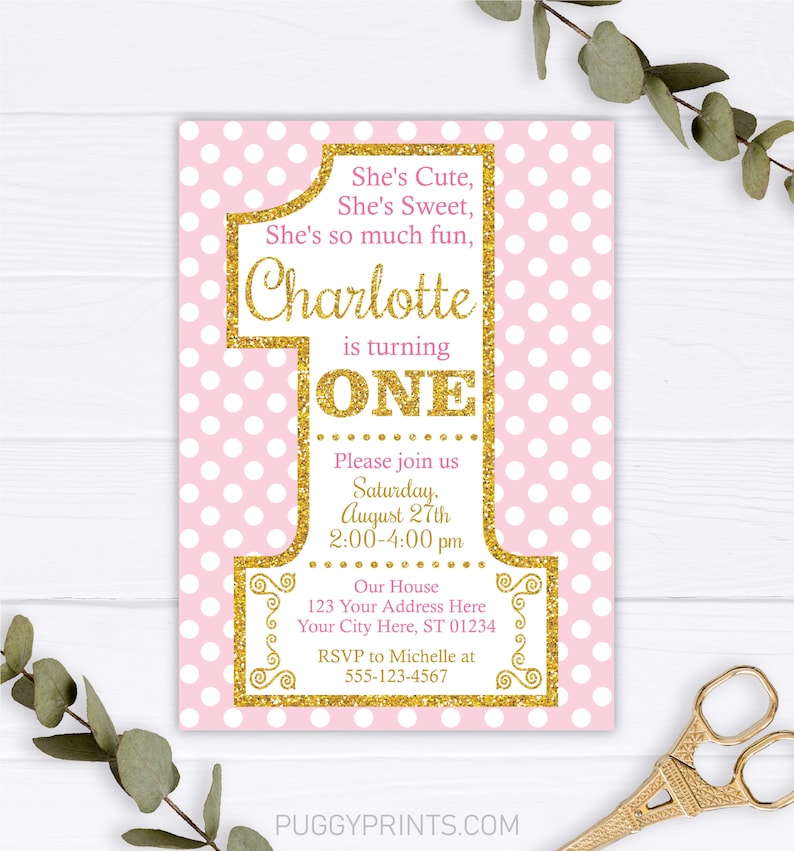 Pink and Gold First Birthday Invitation, Editable 1st Birthday Invitation Template, Printable Girl Birthday Party invitations, Polka Dots image 1