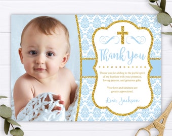 Boy Baptism Thank You Card, Editable Baptism Thank You Card Template, Printable Blue and Gold Baptism Thank You Cards, First Communion