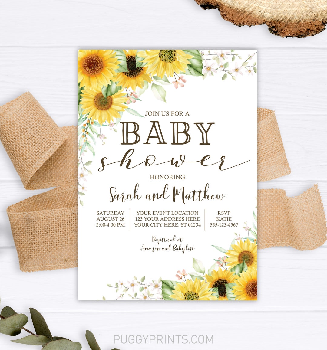 Sunflower Baby Shower Invitation, Editable Sunflower Invitation ...