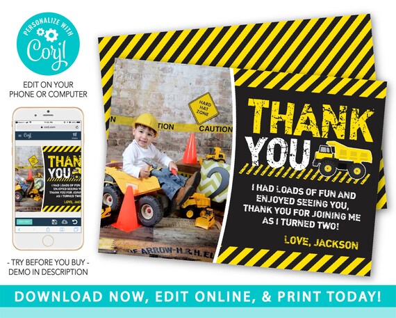 Construction Thank You Card, Construction Birthday Party, Yellow Dump Truck Thank You, Construction Party, Boys Birthday, Editable Thank You Il_570xn