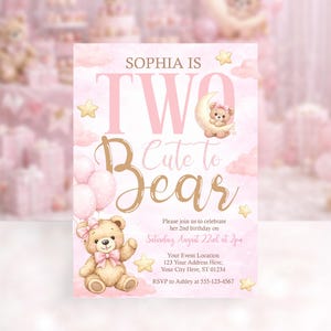 Two Cute to Bear Birthday Invitation Girl, Teddy Bear 2nd Birthday Invite, Pink Bear Birthday, Editable Girl Invite