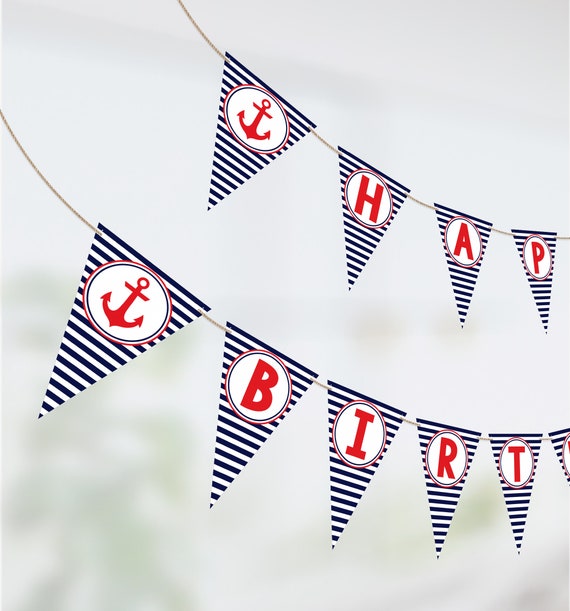 Nautical Happy Birthday Banner, Printable Nautical Banner, Navy and Red Nautical  Birthday Party Decorations, Anchor Birthday Banner, PDF -  Sweden