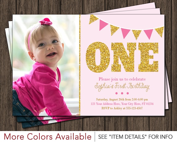 Pink and Gold First Birthday Invitation with Photo Light | Etsy