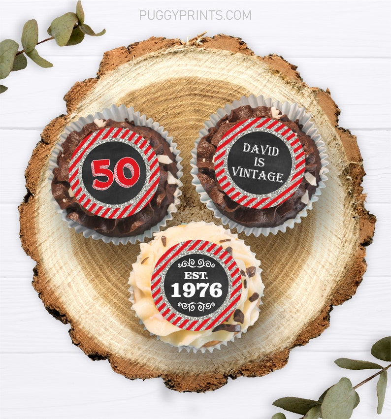 50th Birthday Cupcake Toppers, Aged to Perfection Est. 1971, Editable Red and Silver Cupcake Toppers, Adult Birthday Party Decorations image 3