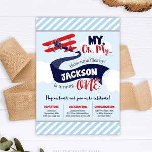 Airplane Birthday Invitation, Editable Airplane Invitation, Airplane Birthday Party, Boy 1st Birthday, My Oh My How Time Flies By, Blue Red