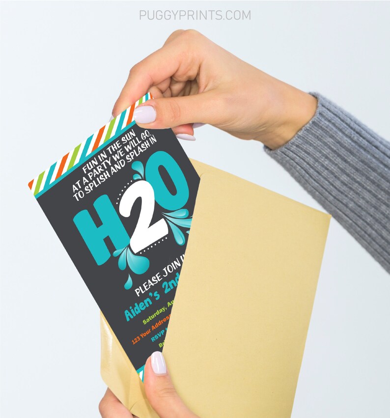 May include: A party invitation card with the text "H2O" in large teal letters, with the words "Fun in the sun at a party we will go, to splish and splash in" above. The invitation is being placed in a tan envelope.