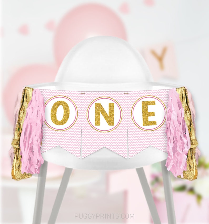 Princess First Birthday High Chair Banner, Printable Princess High Chair Banner, Pink and Gold 1st Birthday Banner, ONE and 1 Banners image 2