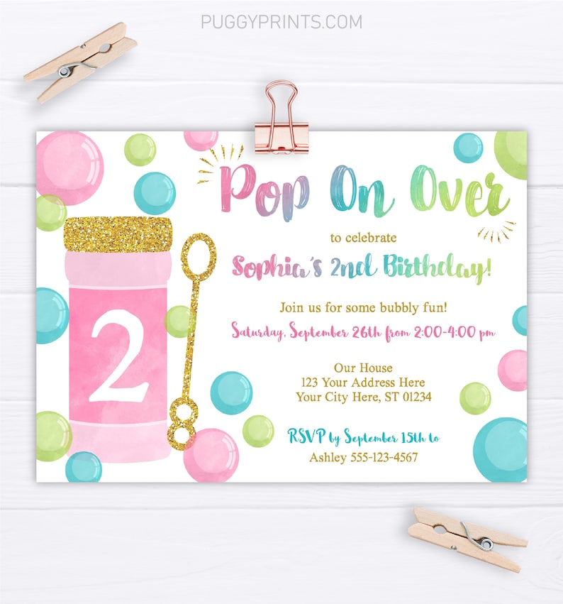 Bubble Birthday Invitation, Bubble Party Invitation, Blowing Bubbles, Pop On Over, Pink Bubbles, Bubbles Invitation, Bubble Bash Party image 1