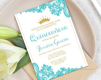 Quinceanera Invitation, Princess Quinceañera Invitation Template, Aqua Blue Lace and Gold Glitter, Elegant Quinceanera Printable, Mis Quince