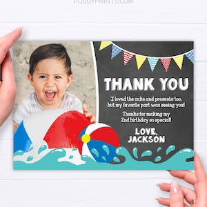 Beach Ball Birthday Thank You Card with Photo for a Pool Party | Editable Template Online | Instant Download