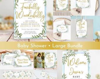 Paquete premium para baby shower de niño: invitación editable, pancarta, adornos para cupcakes, etiquetas de regalo, letreros y más.