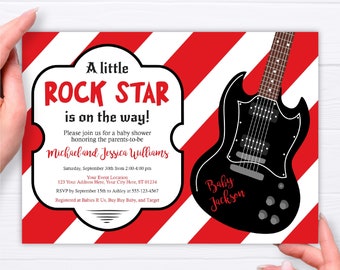 Rock Star Baby Shower Invitation, Editable Rock A Bye Baby Invitation Template, Red and Black Guitar Baby Shower, Digital Download
