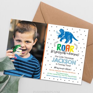 Dinosaur Birthday Invitation with Photo, Editable Dinosaur Invitation Template, Dino Triceratops Third Birthday, Boy Birthday Party Invite image 2