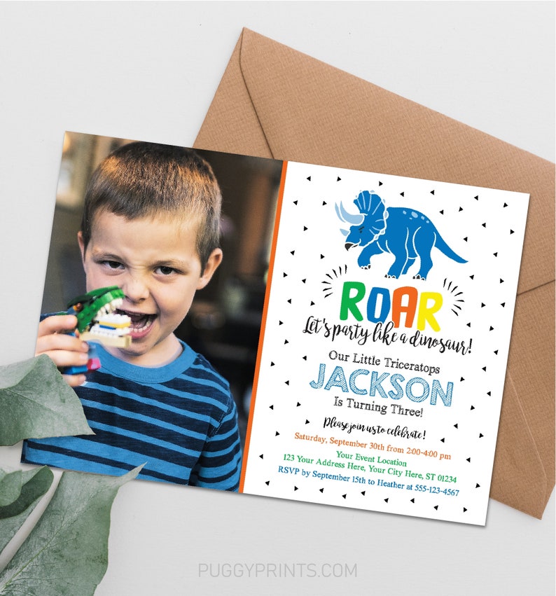 Dinosaur Birthday Invitation with Photo, Editable Dinosaur Invitation Template, Dino Triceratops Third Birthday, Boy Birthday Party Invite image 2