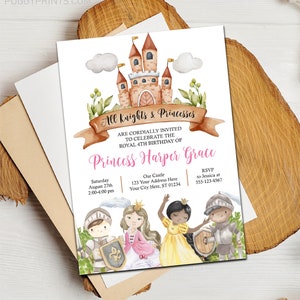 May include: A pink and white invitation for a princess-themed birthday party. The invitation features a watercolor illustration of a castle, knights, and princesses. The text reads "All Knights & Princesses are cordially invited to celebrate the royal 4th birthday of Princess Harper Grace".