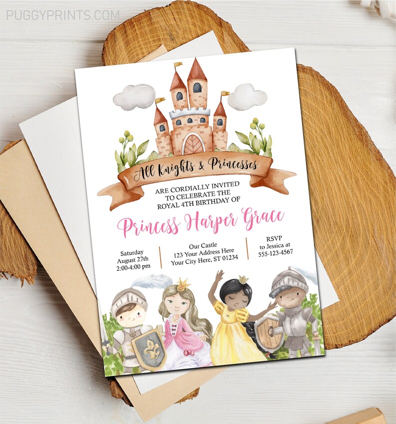 May include: A pink and white invitation for a princess-themed birthday party. The invitation features a watercolor illustration of a castle, knights, and princesses. The text reads "All Knights & Princesses are cordially invited to celebrate the royal 4th birthday of Princess Harper Grace".