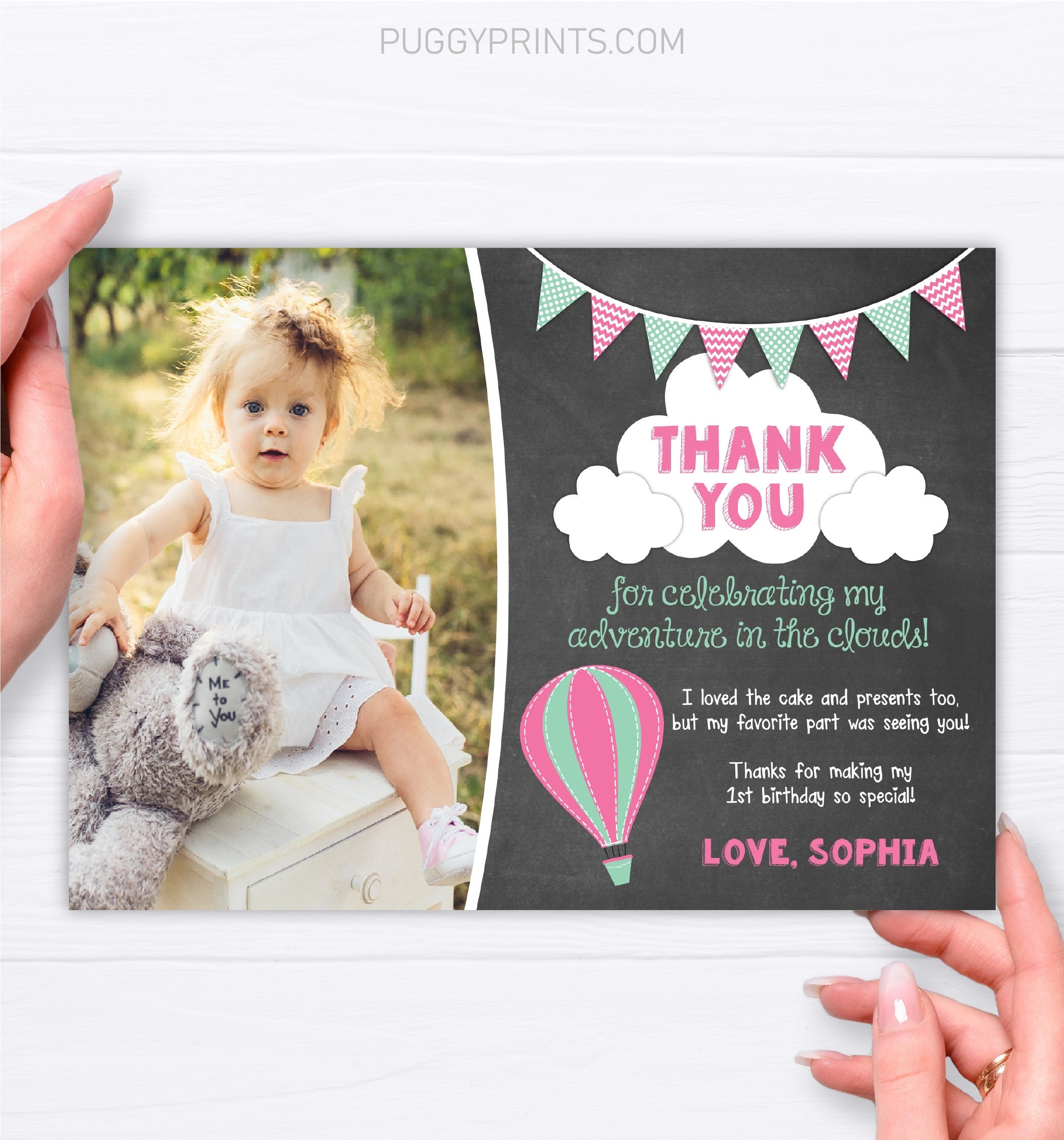 Hot Air Balloon Birthday Thank You Card with Photo Editable | Etsy
