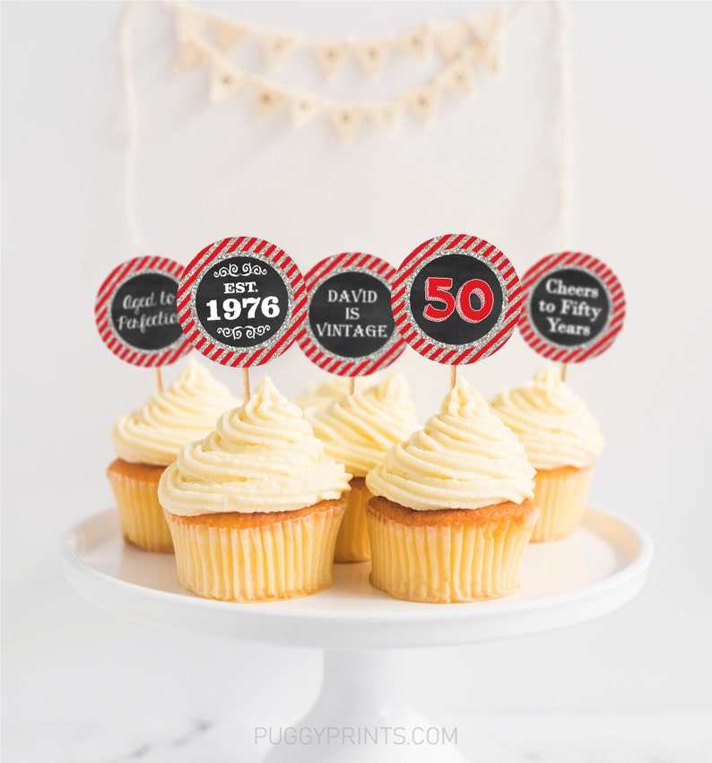 50th Birthday Cupcake Toppers, Aged to Perfection Est. 1971, Editable Red and Silver Cupcake Toppers, Adult Birthday Party Decorations image 1