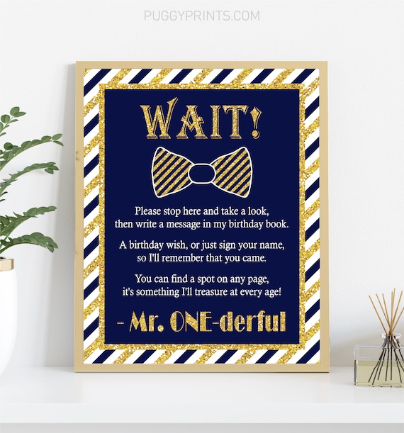 Mr. ONEderful Guest Book Sign, Printable Mr. ONE derful Guestbook Sign, Navy and Gold, Bow Tie, Little Man, Boy's First Birthday Party Sign Il_570xn
