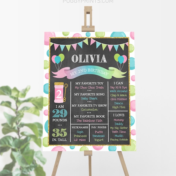 Bubble Birthday Chalkboard Poster, Editable Bubble Birthday Stats Poster, Milestone Poster, Birthday Poster, Bubble Party Decorations