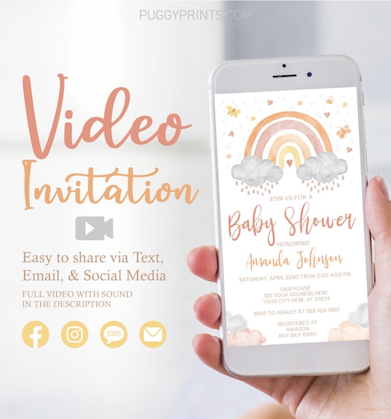 Boho Rainbow Baby Shower Video Invitation, Custom Muted Rainbow Baby