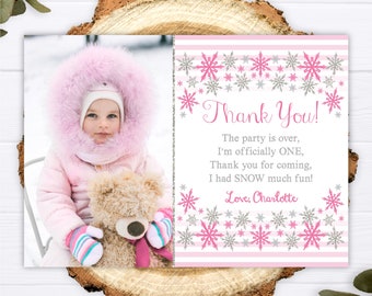 Winter ONEderland Thank You Card, Editable Winter Thank You Card Template, Printable Winter Birthday Thank You Cards, Pink Snowflake
