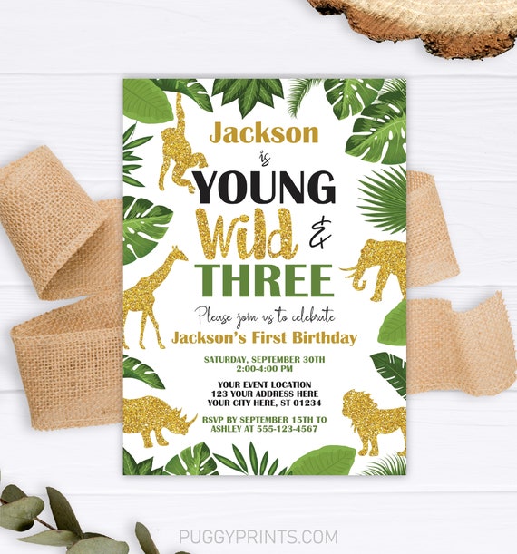 Young Wild and Three Birthday Invitation, Safari Invitation, Jungle First Birthday Invite, Wild Invitation, Jungle Animals, Boy Safari Gold Il_570xn