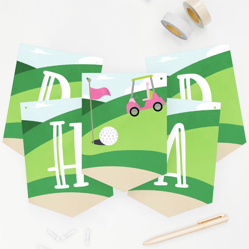 Litet Hole in One-festpaket | Golffödelsedagsinbjudan, banderoll, muffinsdekorationer och tackkort bild 4