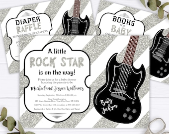 Rock Star Baby Shower Invitation, Editable Rockstar Invitation Bundle, Printable Rock a Bye Baby Books for Baby & Diaper Raffle Card Bundle