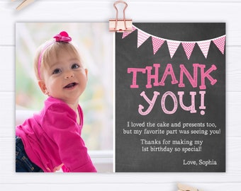 Pink First Birthday Thank You Card with Photo, Editable 1st Birthday Thank You Card Template, Girl's Birthday Party, Thank You Notes