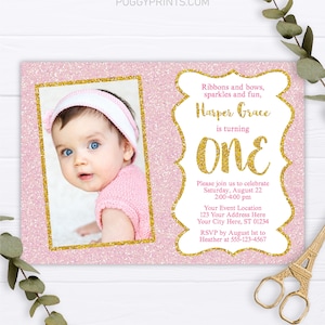 Pink and Gold First Birthday Invitation With Photo Editable - Etsy