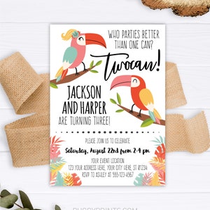 Toucan Birthday Invitation, Editable Twocan Invitation Template, Siblings, Brother and Sister Birthday Party, Tropical, Luau, 2nd Birthday