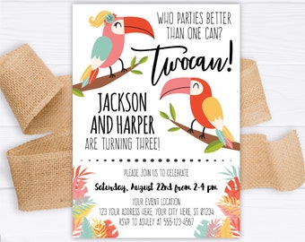 Toucan Birthday Invitation, Editable Twocan Invitation Template, Siblings, Brother and Sister Birthday Party, Tropical, Luau, 2nd Birthday