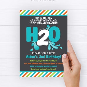 H2O Birthday Invitation, Editable H20 Water Party Invitation Template, Splish Splash 2nd Birthday Invitations, Summer, Kids, Pool Party H2B