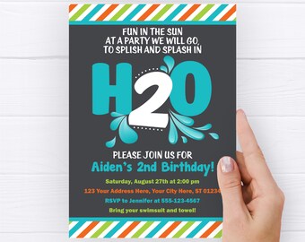 H2O Birthday Invitation, Editable H20 Water Party Invitation Template, Splish Splash 2nd Birthday Invitations, Summer, Kids, Pool Party H2B