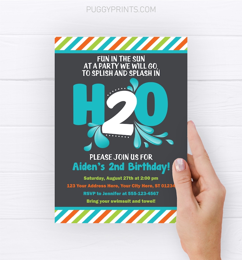 May include: A birthday party invitation with a dark gray background and the text "H2O" in large teal letters. The invitation includes the text "Fun in the sun at a party we will go, to splish and splash in." The invitation is for Aiden's 2nd birthday.