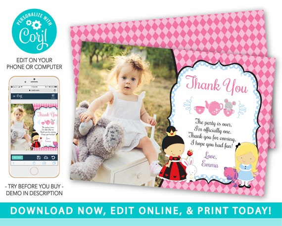 Alice in Wonderland Thank You Cards, Alice in ONEderland Birthday Thank You Card with Photo, Girl 1st Birthday Party, Editable Thank You Il_570xn