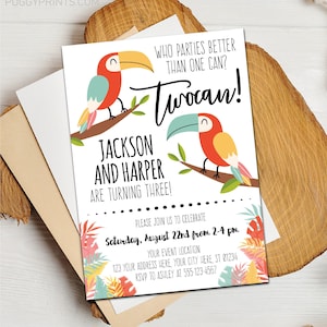 Toucan Birthday Invitation, Editable Twocan Invitation Template, Siblings, Twin Brothers Boys Birthday Party, Tropical Luau 2nd Birthday TAB