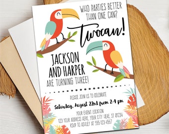 Toucan Birthday Invitation, Editable Twocan Invitation Template, Siblings, Twin Brothers Boys Birthday Party, Tropical Luau 2nd Birthday TAB