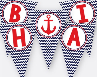 Nautical Happy Birthday Banner, Printable Nautical Banner, Anchor Birthday Party Decorations,  Boy Birthday Party Banner, Instant Download