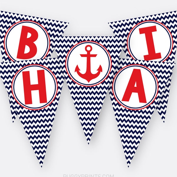 Bannière nautique joyeux anniversaire, bannière nautique imprimable, décorations de fête d'anniversaire ancre, bannière fête d'anniversaire garçon, téléchargement immédiat