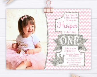 Princess First Birthday Invitation, Editable Princess Invitation Template, Printable Princess 1st Birthday Party Invite, Pink and Silver