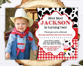 Cow Birthday Invitation in Red with Photo | Editable Template Online | Instant Download