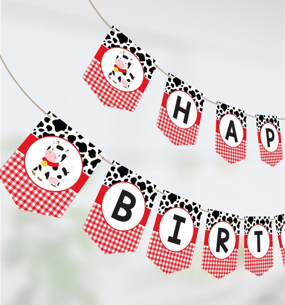 cow happy birthday banner printable cow banner personalized a z letters red farm birthday barnyard party decor instant download cwr by puggy prints catch my party
